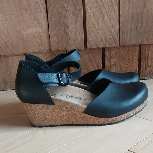 Papillio Black Leather Wedge Mules - Picture 7 of 15